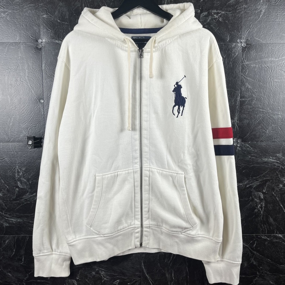 Polo Ralph Lauren Men's Beige Vtg Big Pony Fleece Zip Hoodie XL